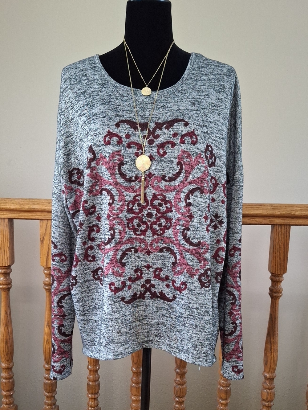 Indigo Gray Top with Burgundy Scroll